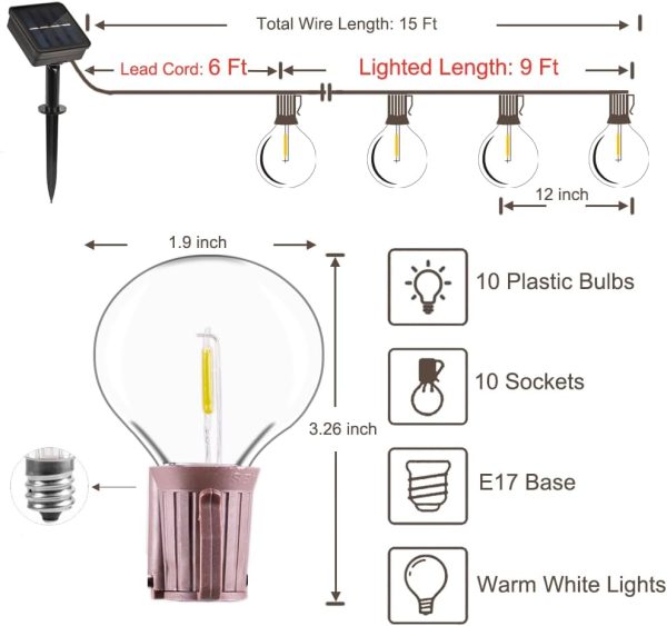 ALL FORTUNE Solar Outdoor String Lights, 15FT G50 Patio Ligh... - Image 2