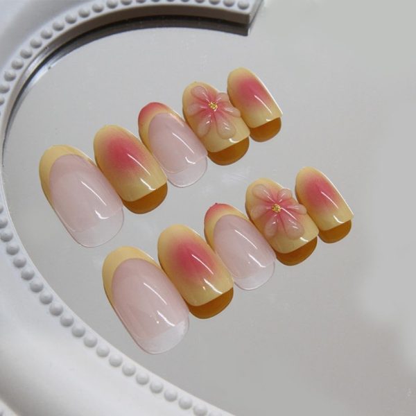 KQueenest Floral French Tip Press on Nails Short Oval, Yello... - Image 2