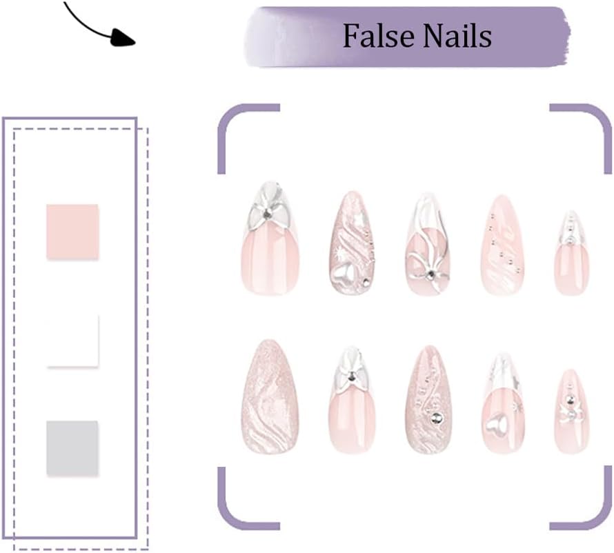 Almond French Press on Nails 24 PCS Glossy Bow-knot False Na…