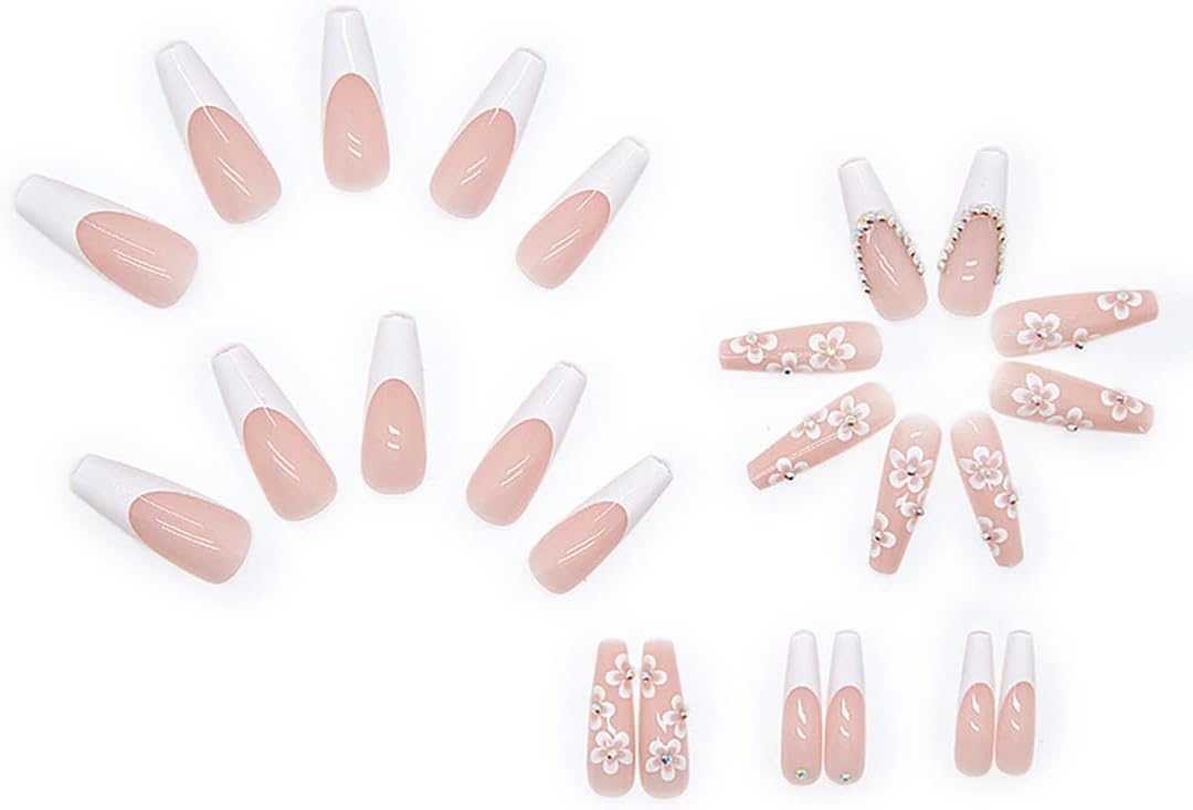 French White Press on Nails – 24 PCS Flower Fake Nails Long …