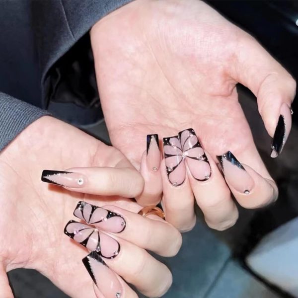 JUSTOTRY 24 Pcs Butterfly False Nails Long with Jewels,Black... - Image 2