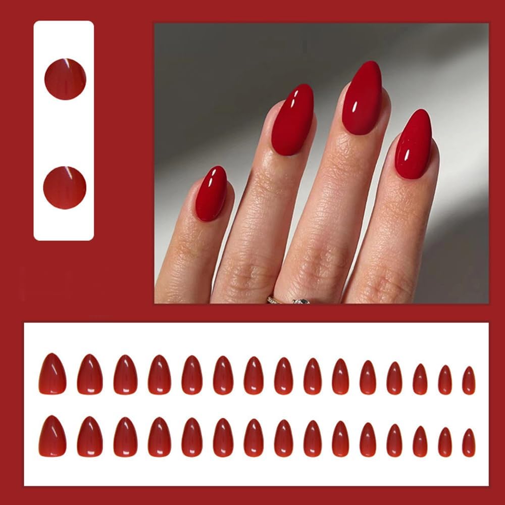 ZSPERKLA 24 PCS Short Almond Press on Nails Red French Tip F…