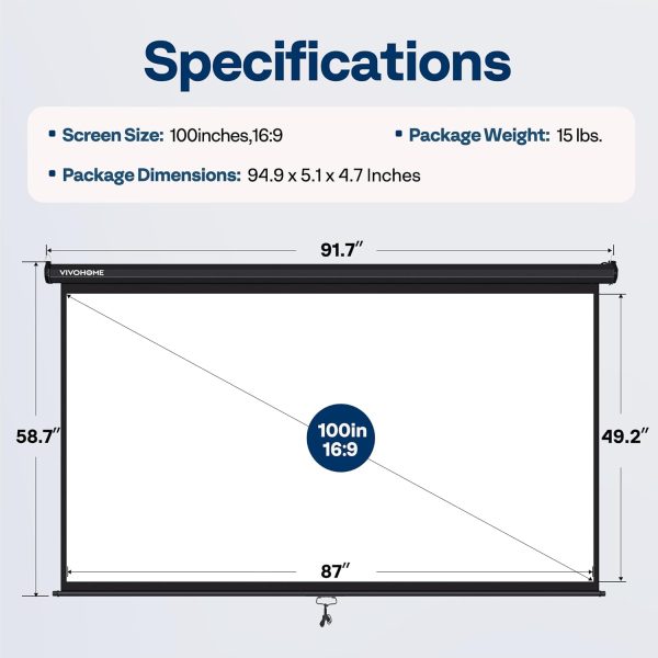 VIVOHOME 100 Inch Manual Pull Down Projector Screen, 16:9 HD... - Image 6