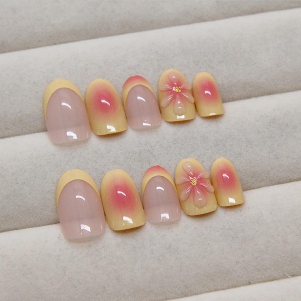 KQueenest Floral French Tip Press on Nails Short Oval, Yello... - Image 3