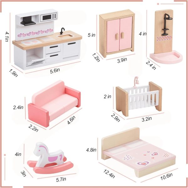 32pcs Pink Wooden Dollhouse Furniture Set for 5 Rooms, Wood ... - Image 6