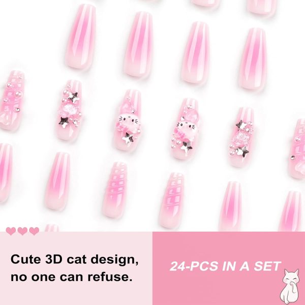 24PCS French Pink Kitty Press on Nails,Cute Kawaii 3D False ... - Image 2