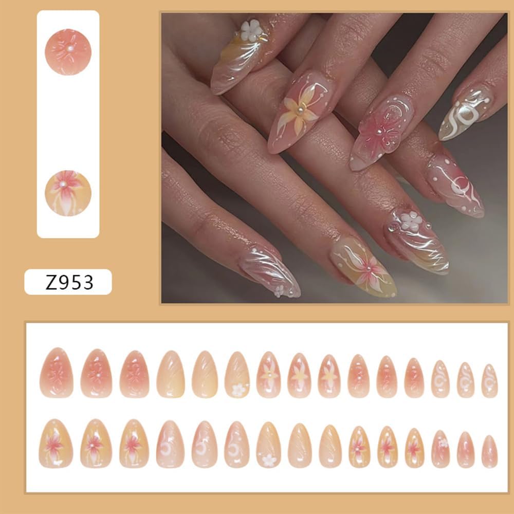 30Pcs French Tip Press on Nails, 3D Orchid Fake Nails, Pearl…