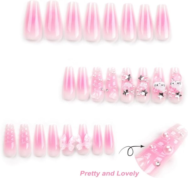 24PCS French Pink Kitty Press on Nails,Cute Kawaii 3D False ... - Image 3