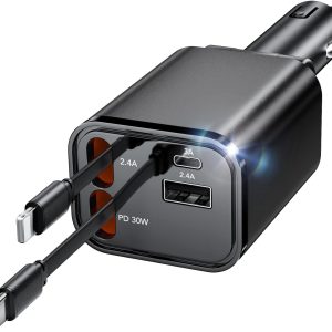 Retractable Car Charger, 4 in 1 Fast Charging Car Phone Char...