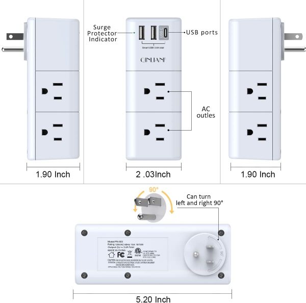 Surge Protector USB Outlet Extender - QINLIANF 3-Sided Multi... - Image 7