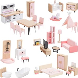 32pcs Pink Wooden Dollhouse Furniture Set for 5 Rooms, Wood ...