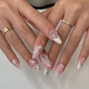 Almond French Press on Nails 24 PCS Glossy Bow-knot False Na...