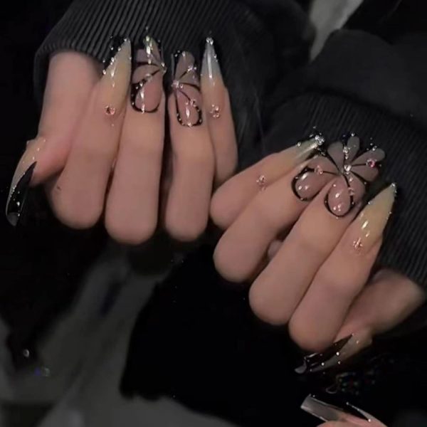 JUSTOTRY 24 Pcs Butterfly False Nails Long with Jewels,Black... - Image 3
