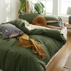 Sedefen Olive Green Duvet Cover Set Full Size Reversibe Crea...