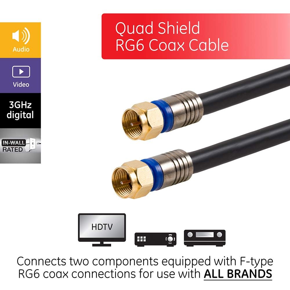 GE RG6 Coaxial Cable, 25 ft. F-Type Connectors, Quad Shielde…