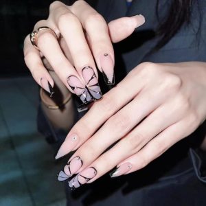 JUSTOTRY 24 Pcs Butterfly False Nails Long with Jewels,Black...