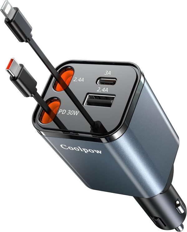 Retractable Car Charger 69W Cigarette Lighter USB C Car Phon...