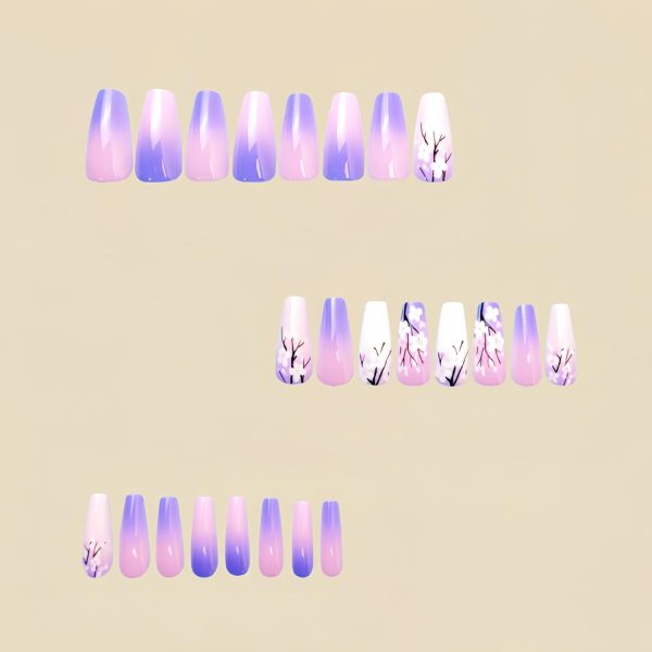 Press on Nails Medium Coffin Pink Gradient Purple White Flow... - Image 2