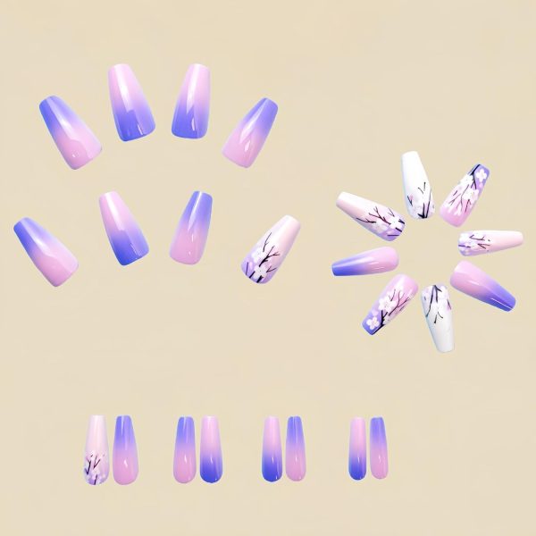 Press on Nails Medium Coffin Pink Gradient Purple White Flow... - Image 3