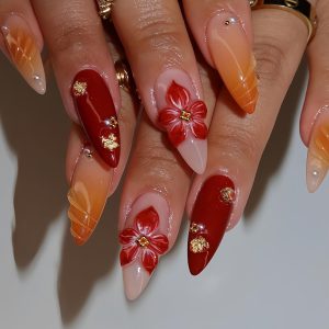 LYMCY Press on Nails, Leopard print flower water drop fake n...