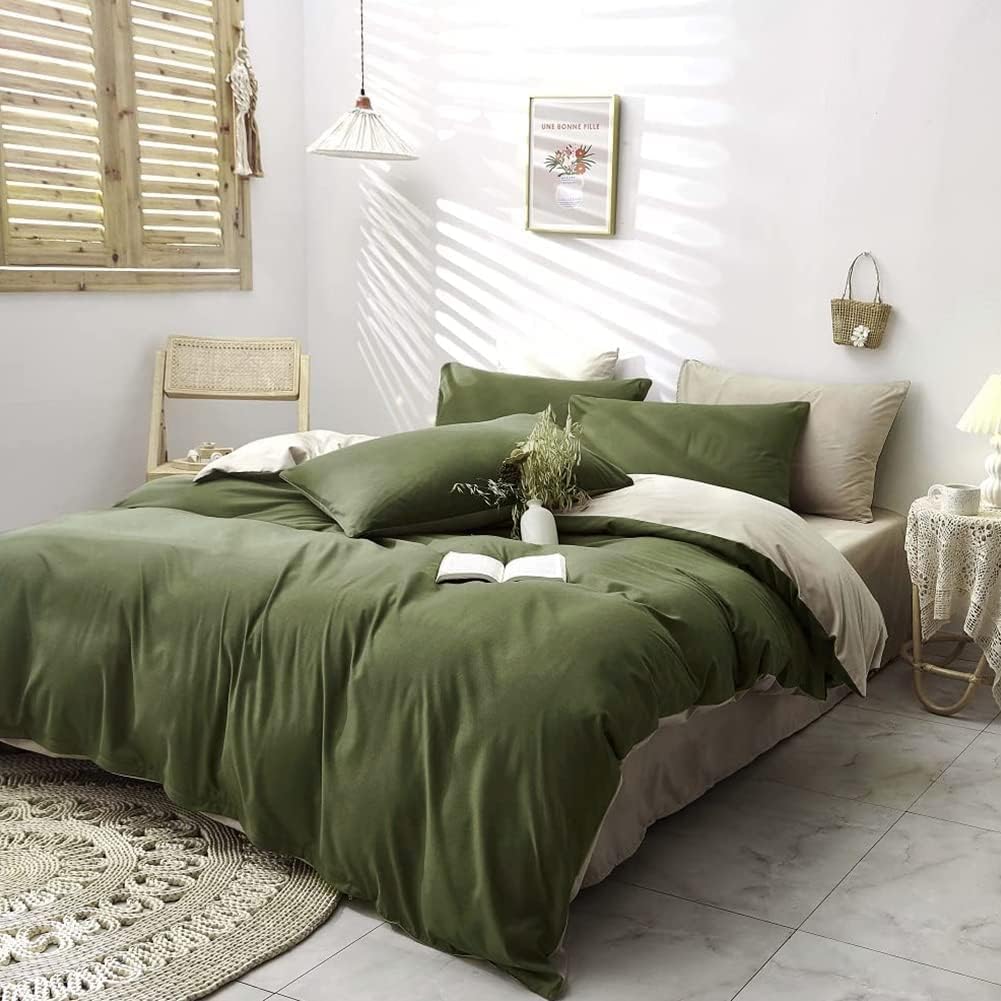Sedefen Olive Green Duvet Cover Set Full Size Reversibe Crea…