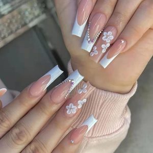 French White Press on Nails - 24 PCS Flower Fake Nails Long ...