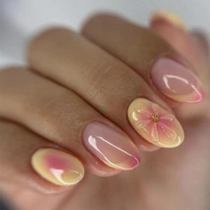 KQueenest Floral French Tip Press on Nails Short Oval, Yello...