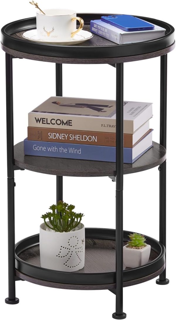 Dulcii Industrial Round End Table, 3 Tiers Round Side Table ...