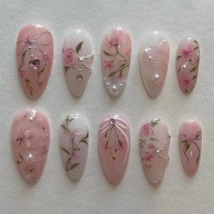 KQueenest Blossom Press on Nails Short Medium Almond Fake Na...