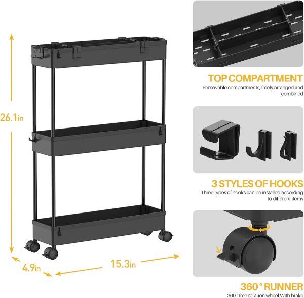 SPACELEAD Slim Storage Cart,3 Tier Bathroom Rolling Utility ... - Image 4