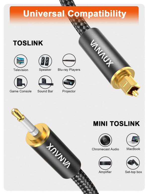 VANAUX Toslink to Mini Toslink Optical Audio Cable 24K Gold-... - Image 5