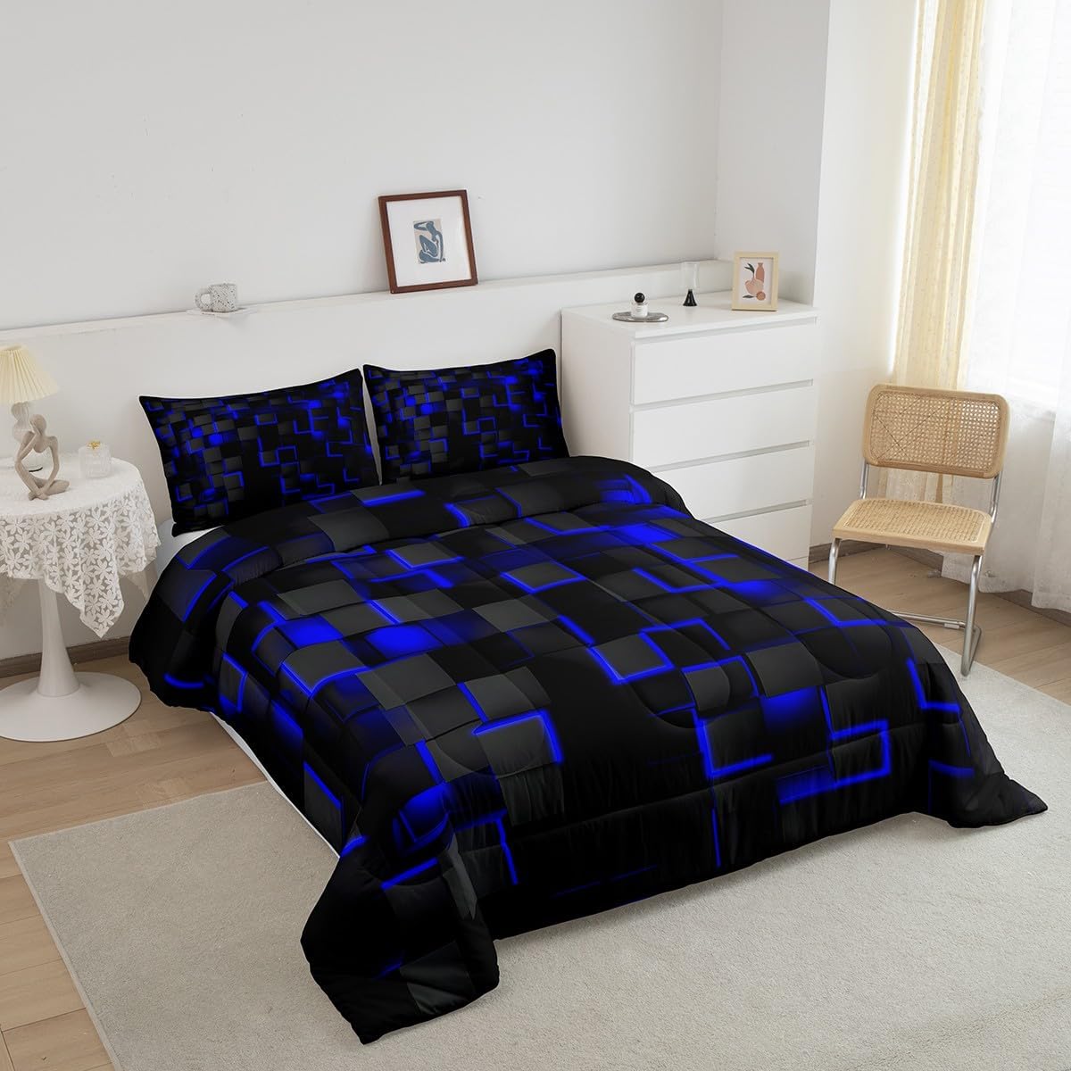 Feelyou Blue and Black Bedding Set Full Size Light Geometric…