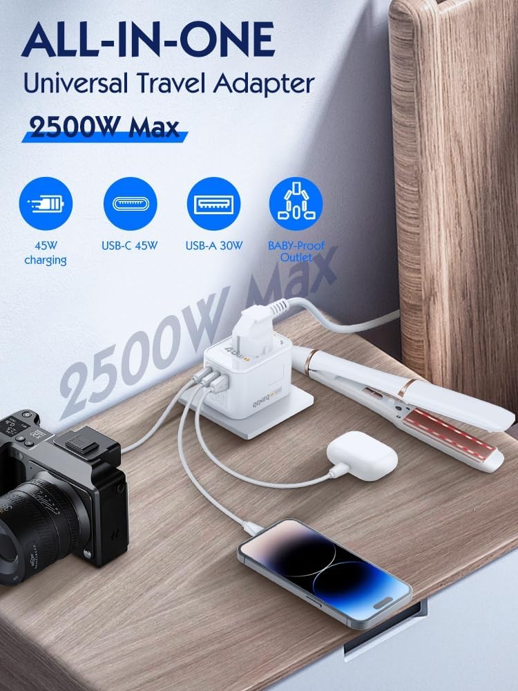 QENEQ 45W All in One Universal Travel Adapter with QC USB A …
