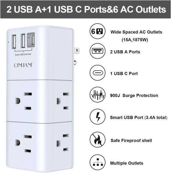 Surge Protector USB Outlet Extender - QINLIANF 3-Sided Multi... - Image 2