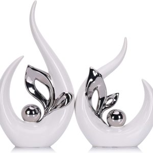 13" H White Silver Abstract Sculptures Home Decor, Ceramic A...