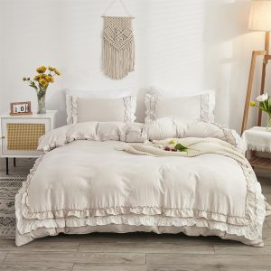 Koudi King Duvet Cover Set Ruffles Beige White Shabby Chic C...