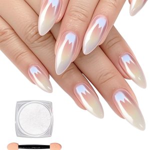 White Pearl Chrome Nail Powder,Mirror Effect Aurora Magic Pe...
