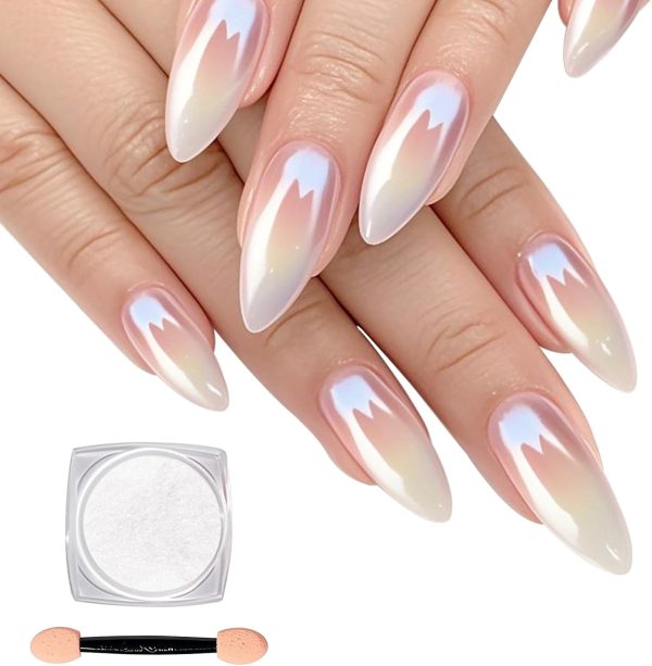 White Pearl Chrome Nail Powder,Mirror Effect Aurora Magic Pe...