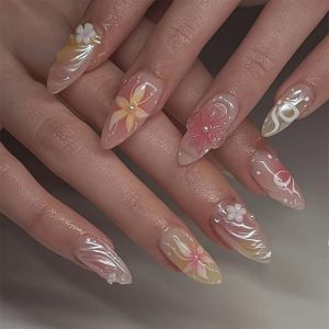 30Pcs French Tip Press on Nails, 3D Orchid Fake Nails, Pearl...