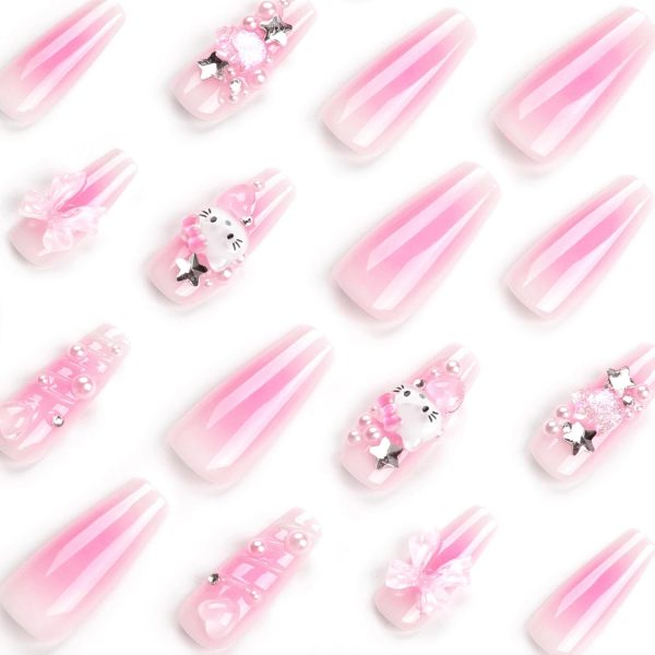 24PCS French Pink Kitty Press on Nails,Cute Kawaii 3D False ... - Image 4