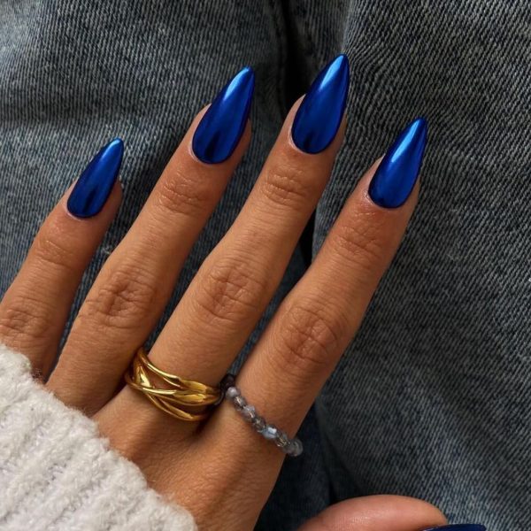 Royal Blue Chrome Press on Nails Medium Almond,KQueenest Mir... - Image 3