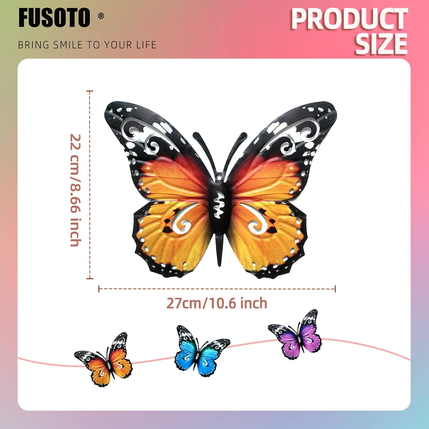 FUSOTO 3Pcs Metal Wall Art, Large 3D Outdoor Decor Butterfly…
