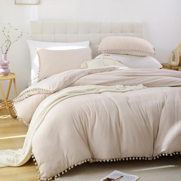 YIKUSH Queen Comforter Set Beige Comforter Set with Ball Pom... - Image 5