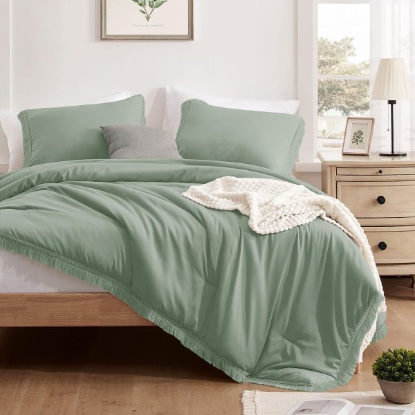 downluxe Queen Comforter Set Sage Green, 3 Pieces Boho Tasse...