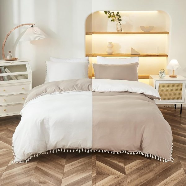 Merryword Taupe White Comforter Bedding Set King Boho White ... - Image 3