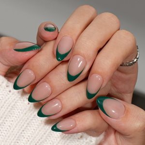 KQueenest Dark Green French Tip Press On Nails Short Almond,...