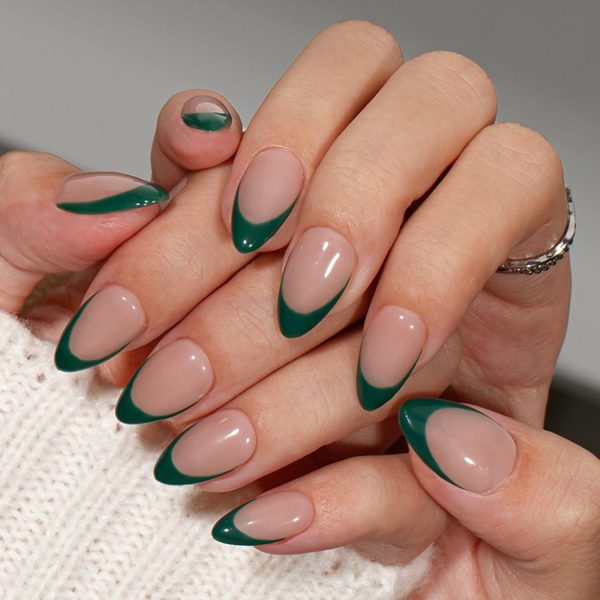 KQueenest Dark Green French Tip Press On Nails Short Almond,...