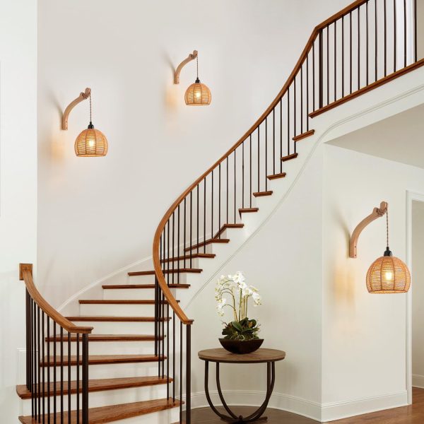 Plug in Wall Sconce,Farmhouse Wicker Wall Lamp Plug in,Hand ... - Image 4