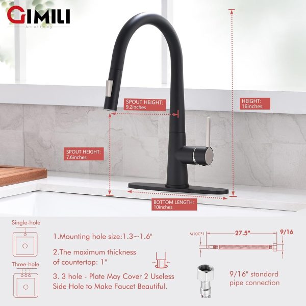 GIMILI Single Handle Pull Out Kitchen Faucet,Matte Black Kit... - Image 6