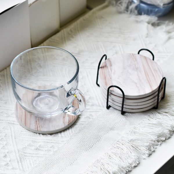 6PCS Coasters for Drinks with Metal Holder, Marble Style Cer... - Image 6